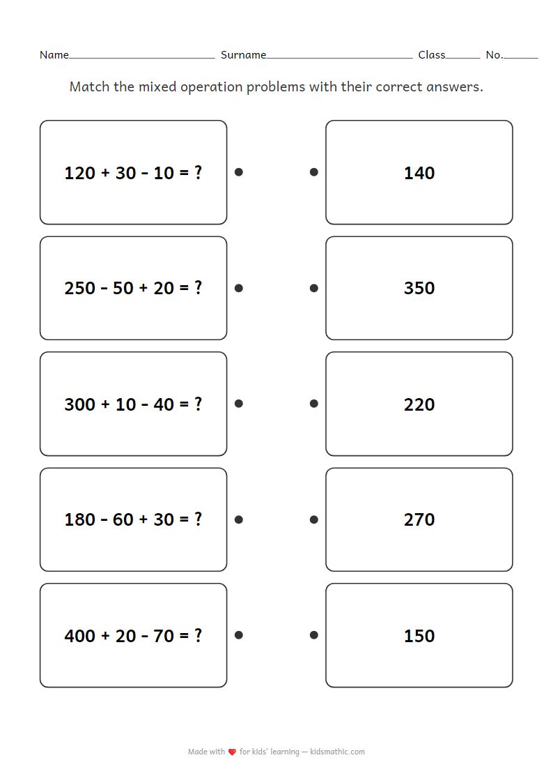 Math Worksheet: Three-Digit Mixed Operations Matching for Kindergarten