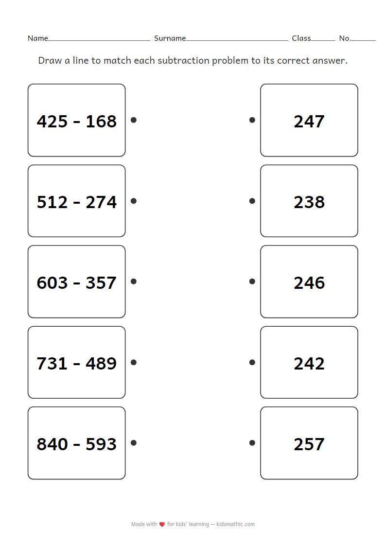 Subtraction Matching Worksheet for Kindergarten: 3-Digit with Borrowing