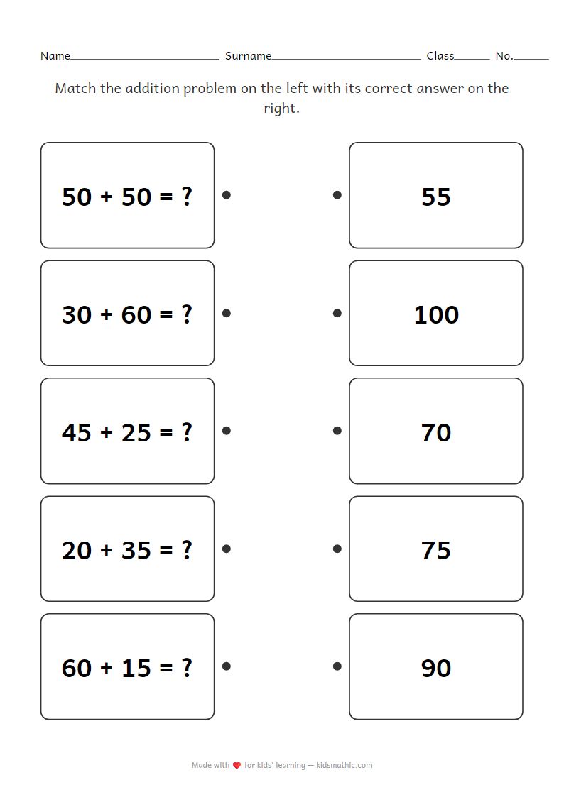 Two-Digit Addition Matching Worksheet for Grade 2
