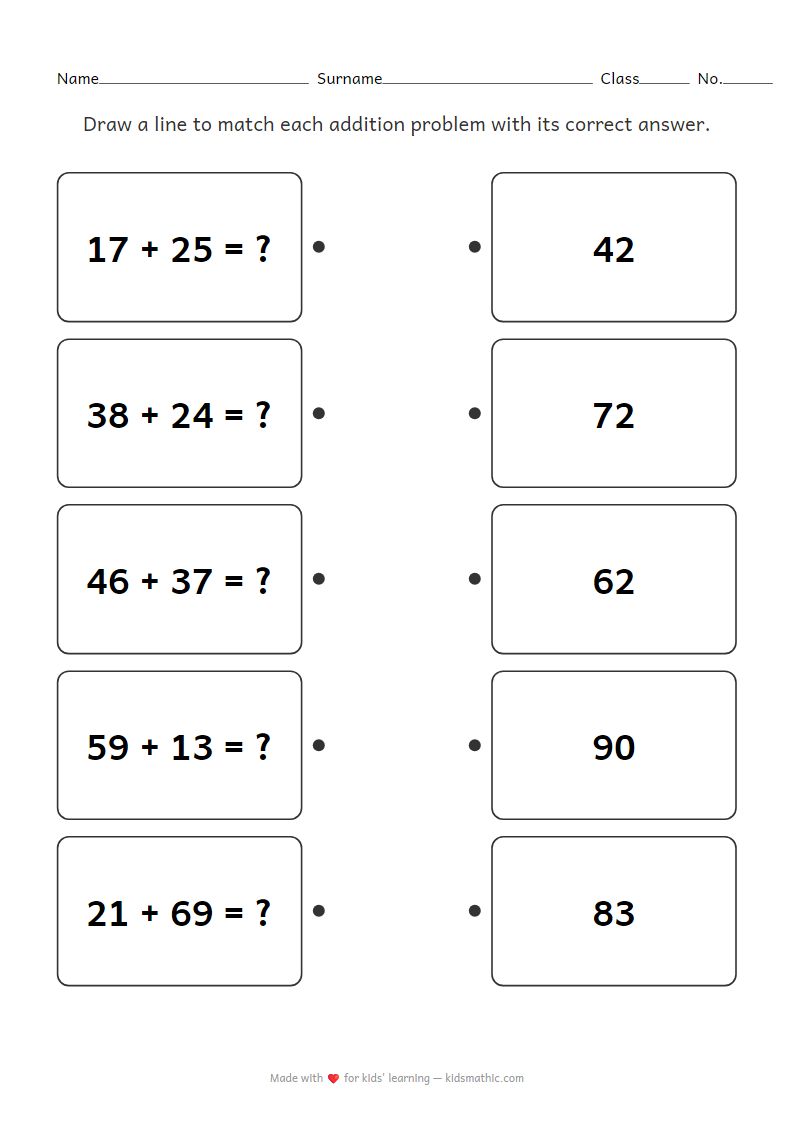 Two-Digit Addition Matching Worksheet for Grade 2