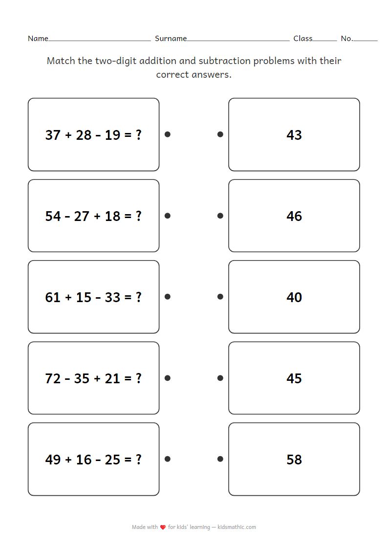 Two-Digit Mixed Operations Matching Worksheet for Grade 2