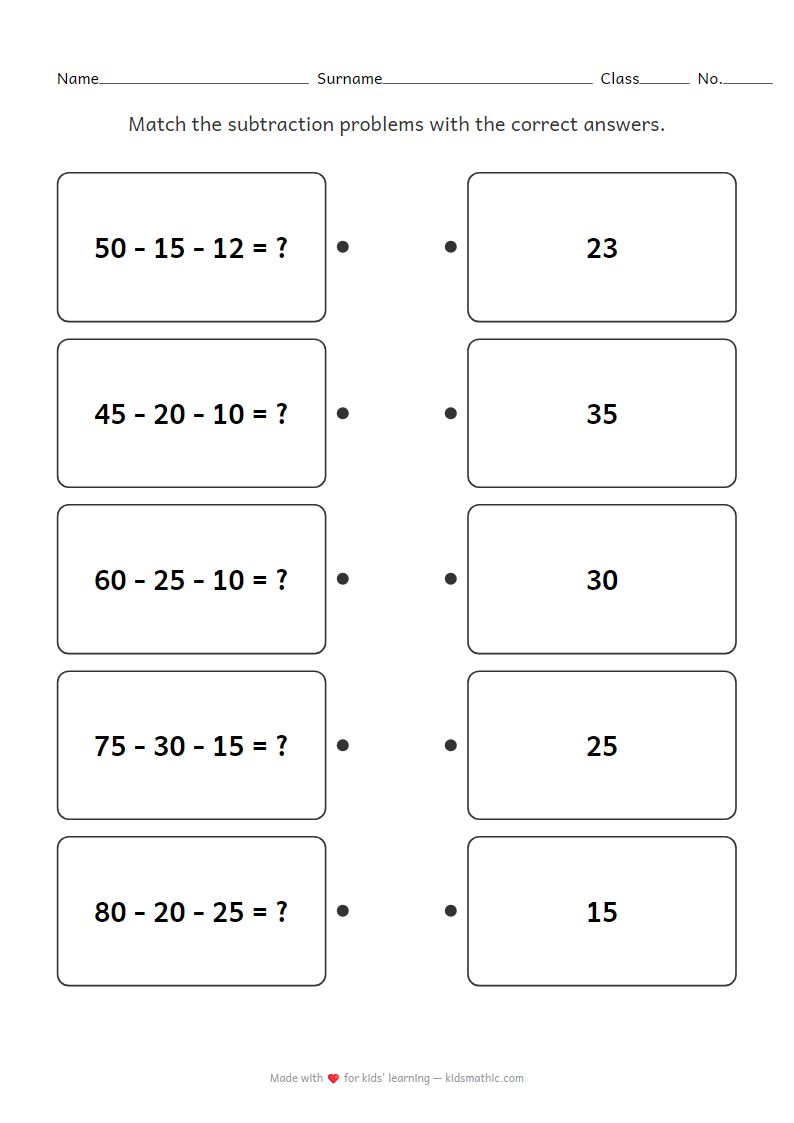 Two-Digit Subtraction Matching Worksheet for Grade 2