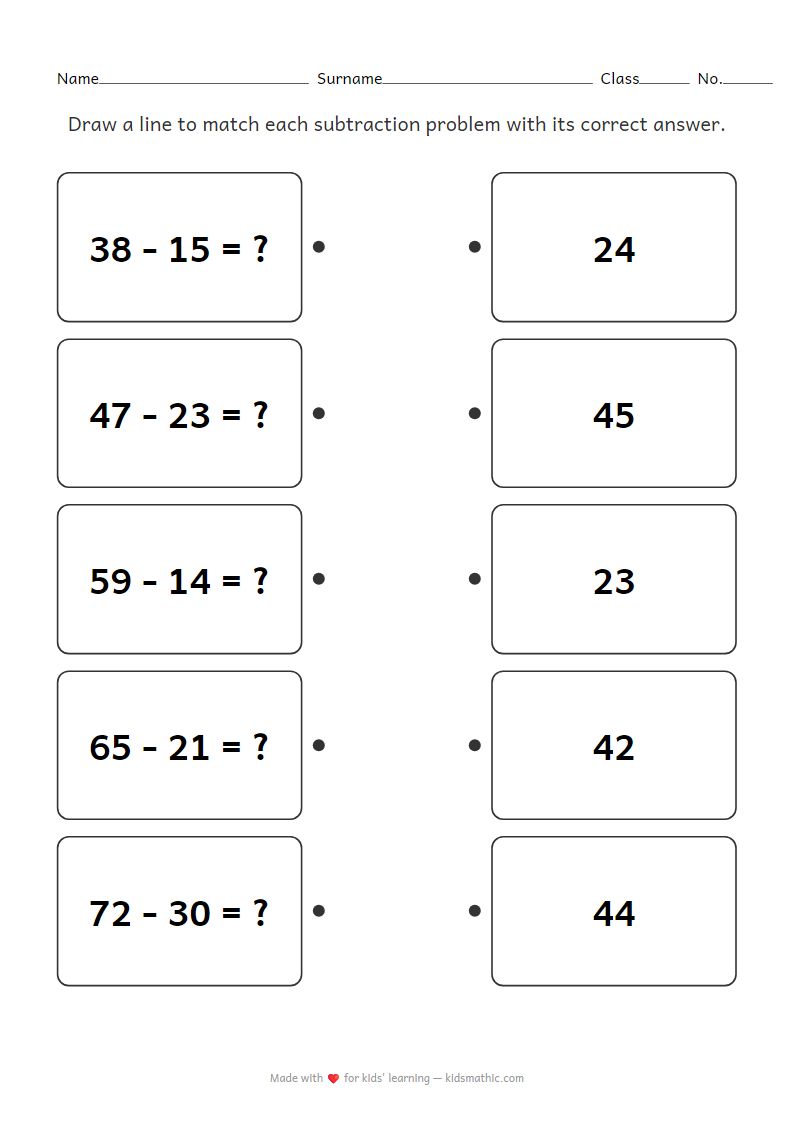 Grade 2 Two-Digit Subtraction Matching Worksheet No Borrowing
