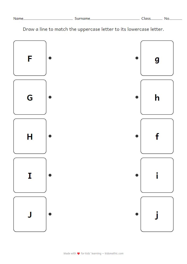 Uppercase to Lowercase Letter Matching Worksheet F-J for Preschoolers