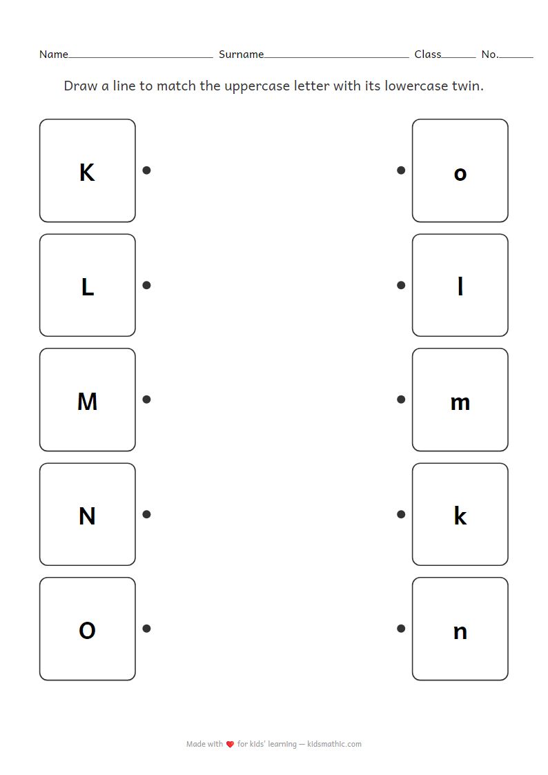 Uppercase and Lowercase Letter Matching Worksheet K-O for Preschool