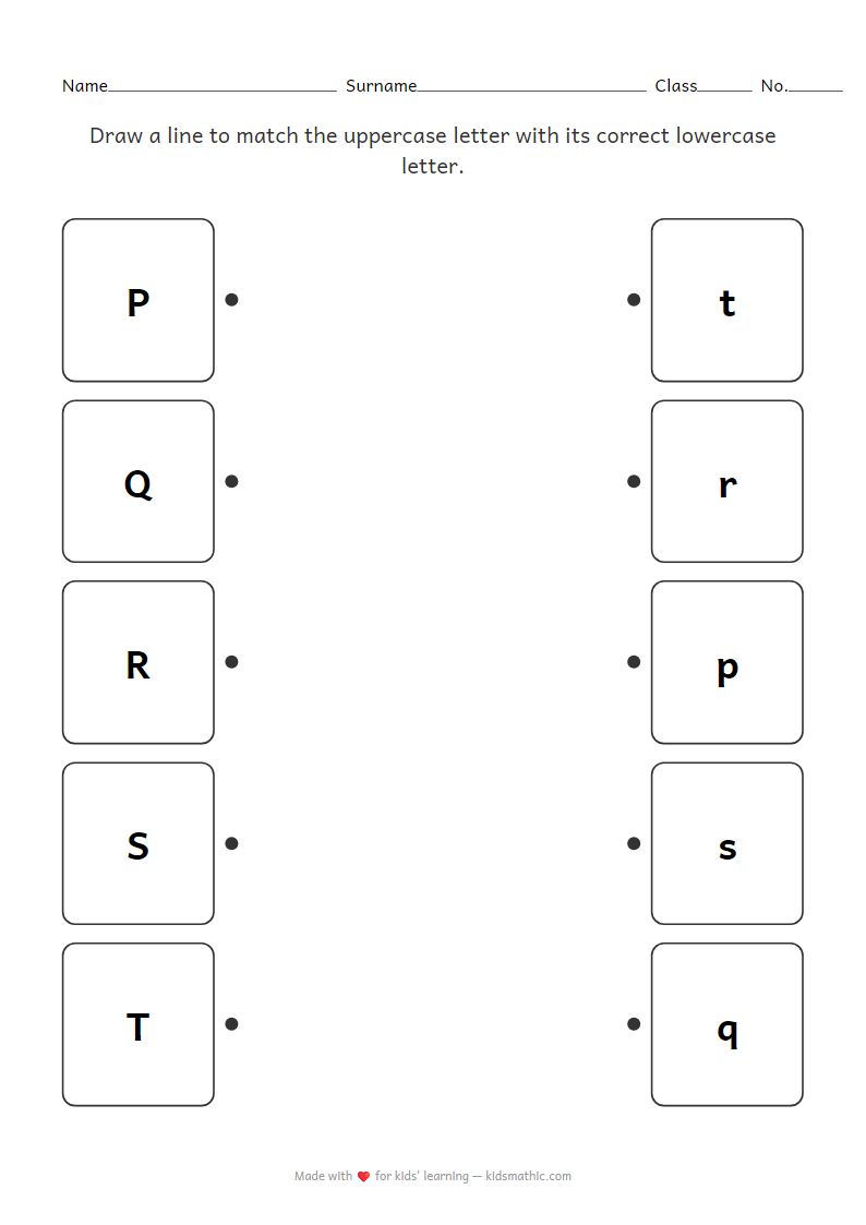 Uppercase Lowercase Letter Matching Worksheet P-T for Preschoolers