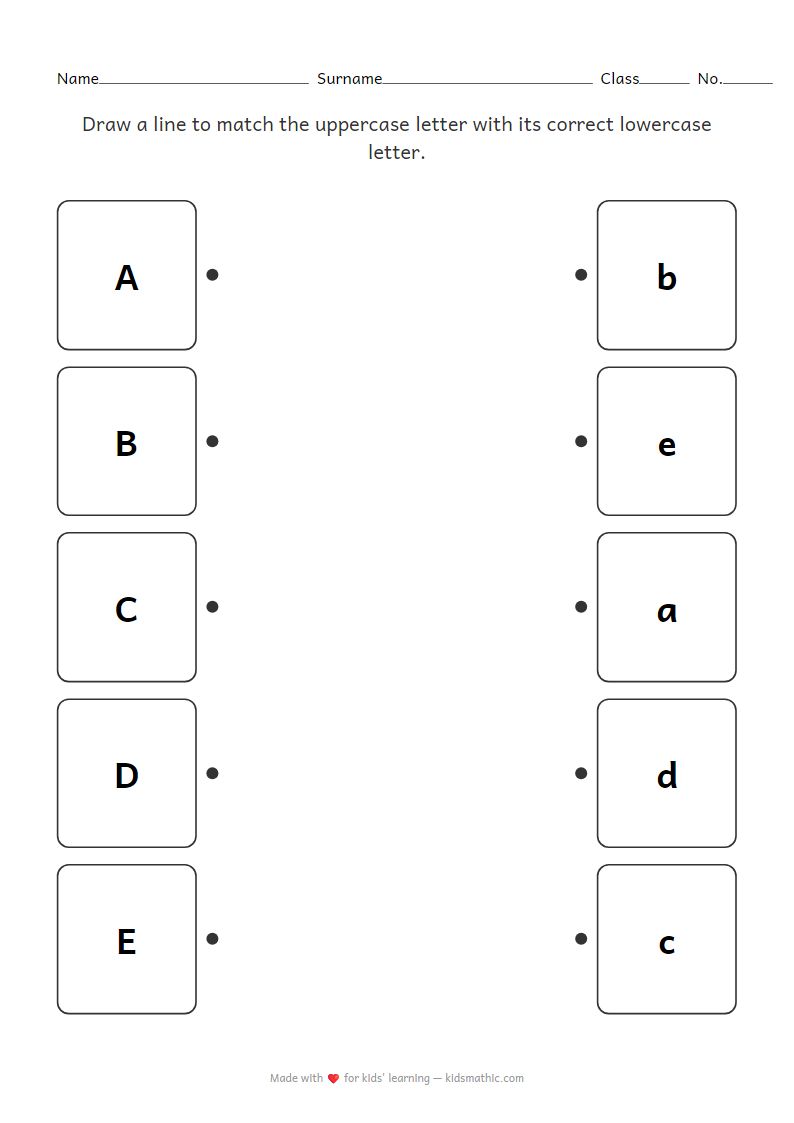Uppercase Lowercase Letter Matching Worksheet A-E for Preschoolers