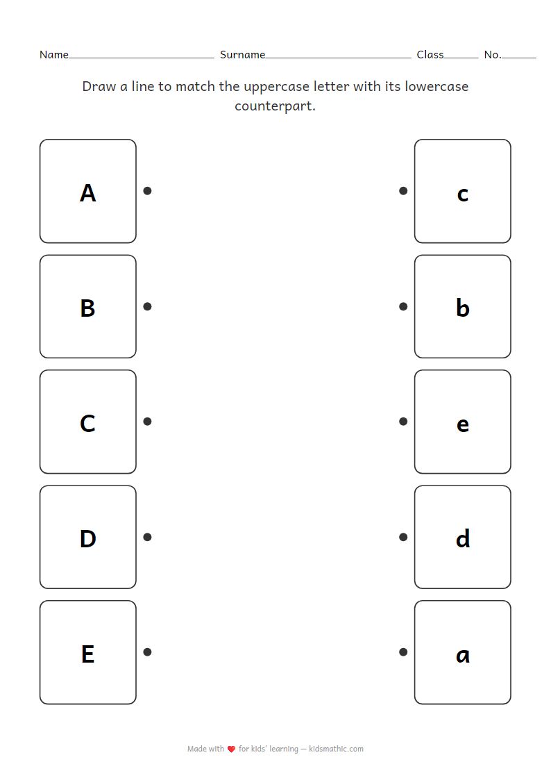 Kindergarten Uppercase Lowercase Letter Matching Worksheet A-E