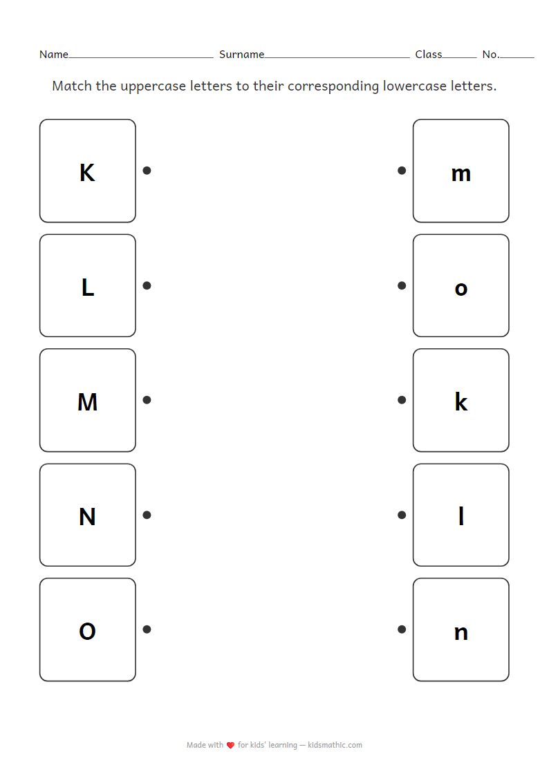 Kindergarten Uppercase-Lowercase Letter Matching K-O Worksheet