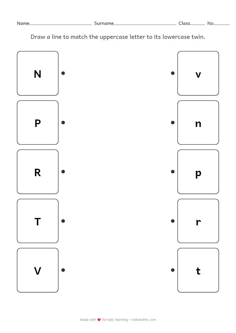 Uppercase Lowercase Letter Matching Worksheet N-Z for Preschoolers