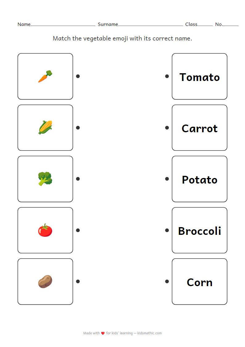 Vegetable Matching Worksheet: Emoji to Name for Preschoolers