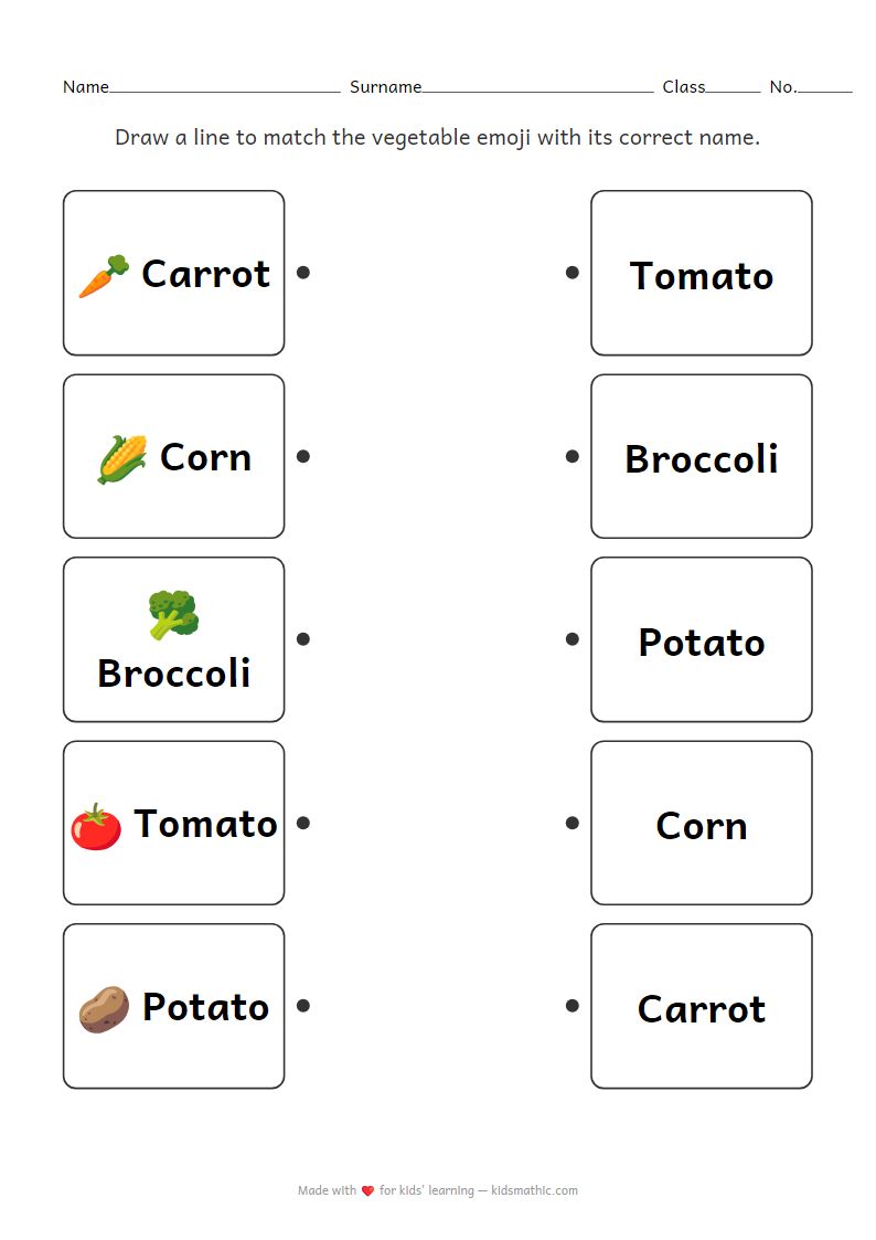 Vegetable Emoji to Name Matching Worksheet for Preschoolers