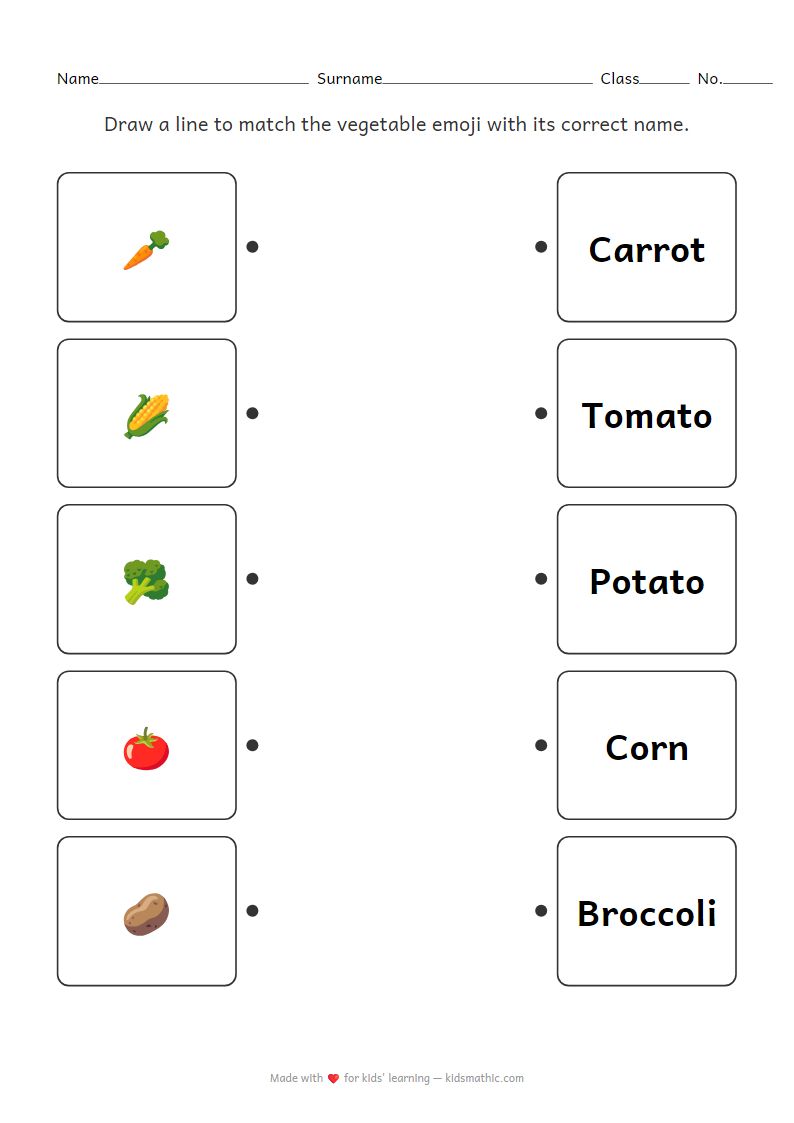 Vegetable Emoji to Name Matching Worksheet for Preschoolers