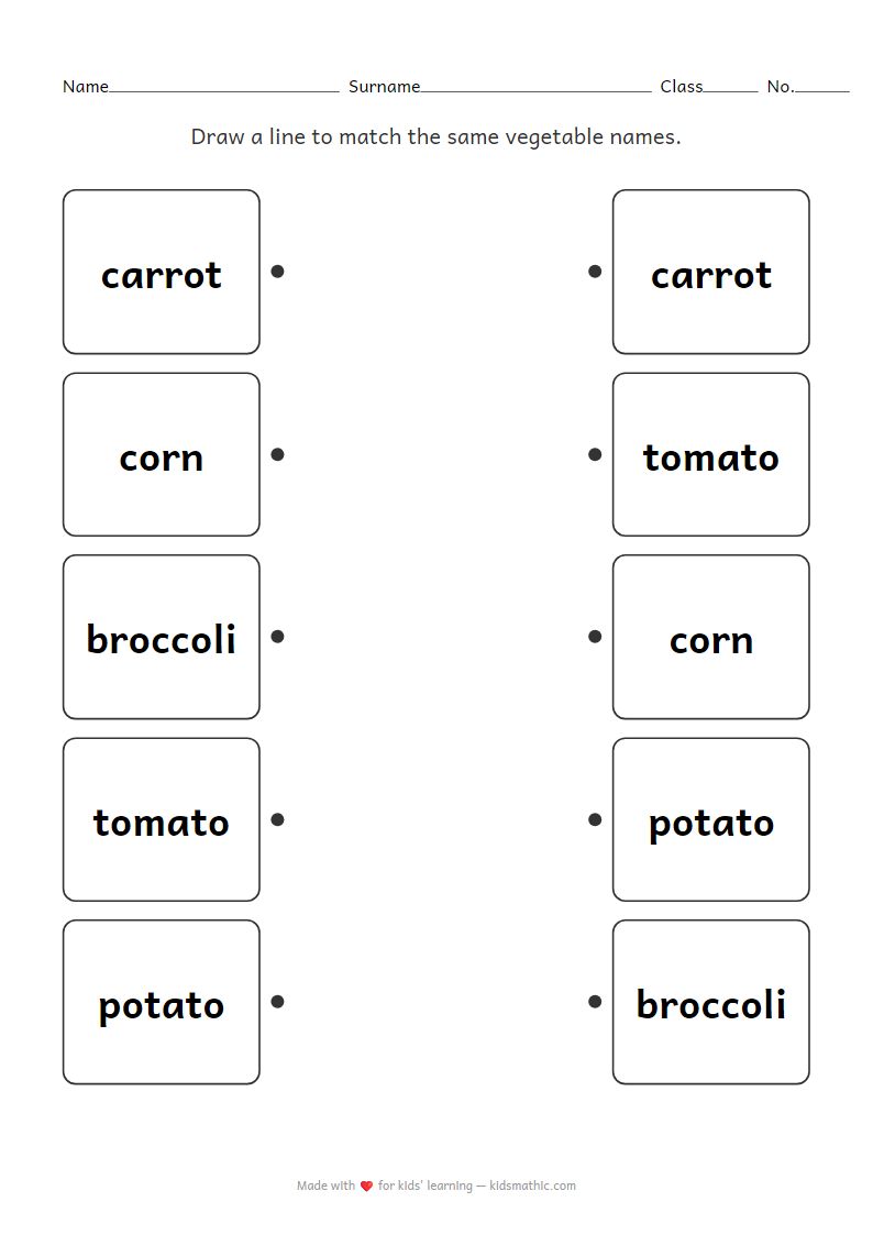 Vegetable Name Matching Worksheet for Preschoolers