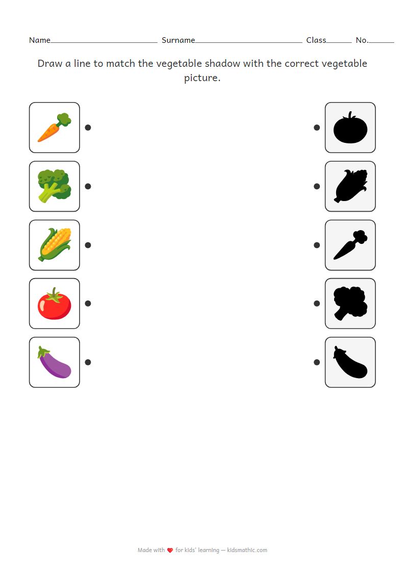 Vegetable Shadow Matching Worksheet for Preschoolers to Develop Observation Skills