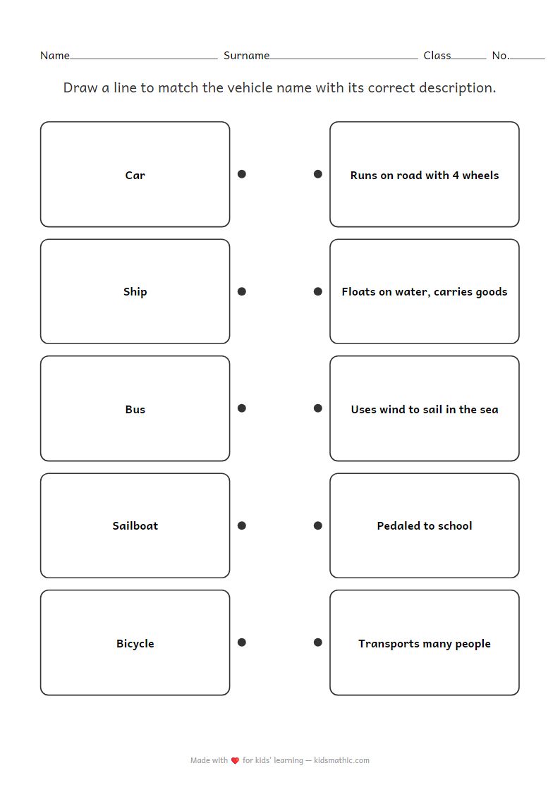Matching Vehicles to Their Characteristics Worksheet for Kindergarten