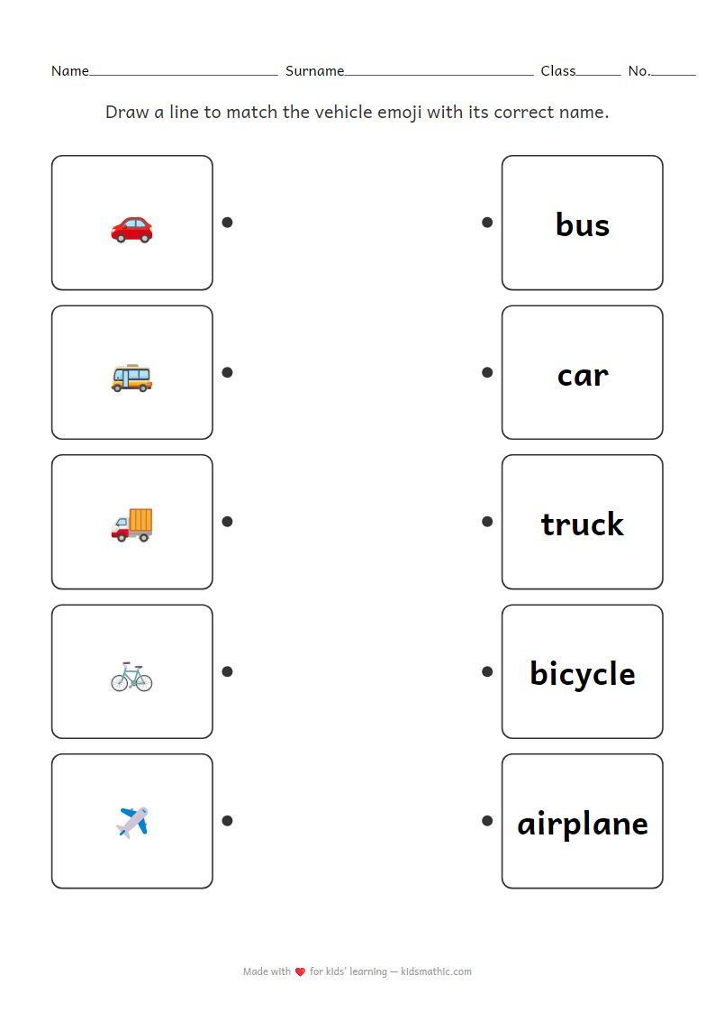 Matching Vehicle Emojis with Names for Preschoolers Worksheet