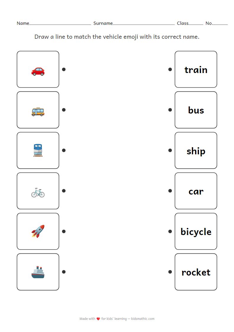 Vehicle Emoji Matching Worksheet for Preschoolers