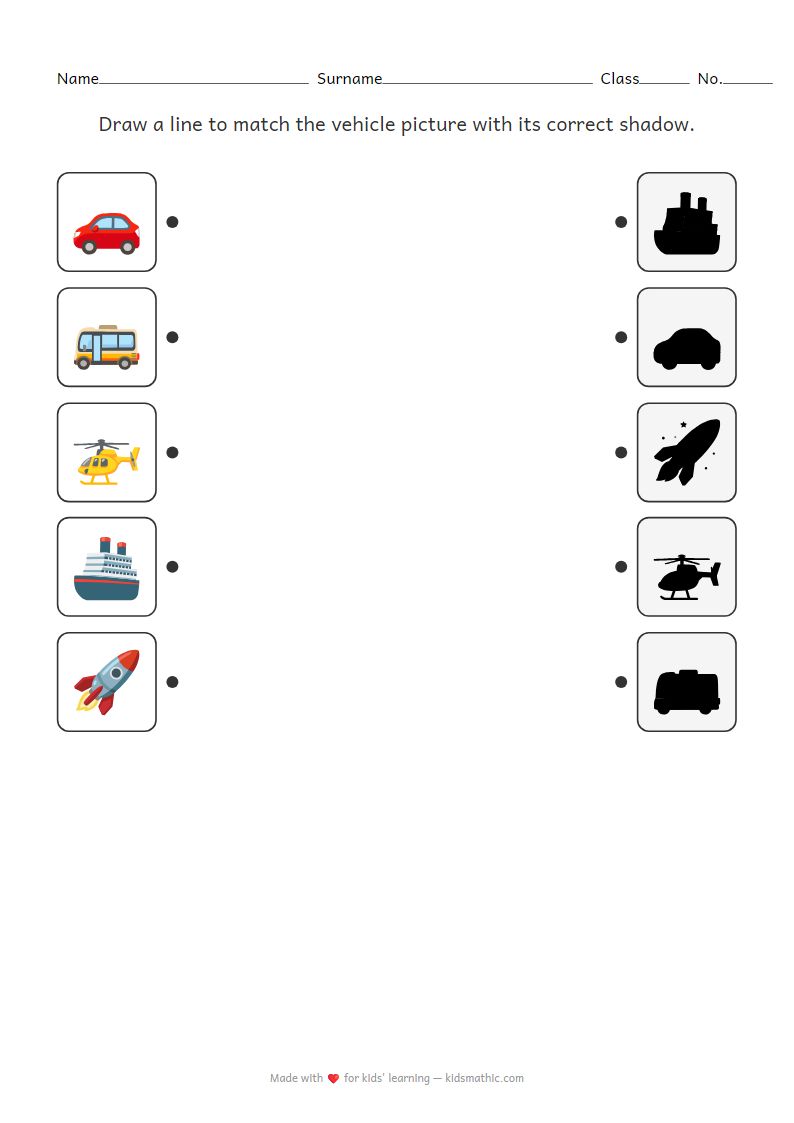 Vehicle Shadow Matching Worksheet for Preschoolers