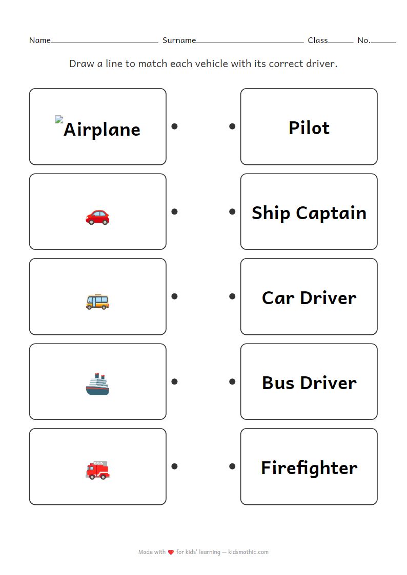 Vehicles and Drivers Matching Worksheet for Preschoolers