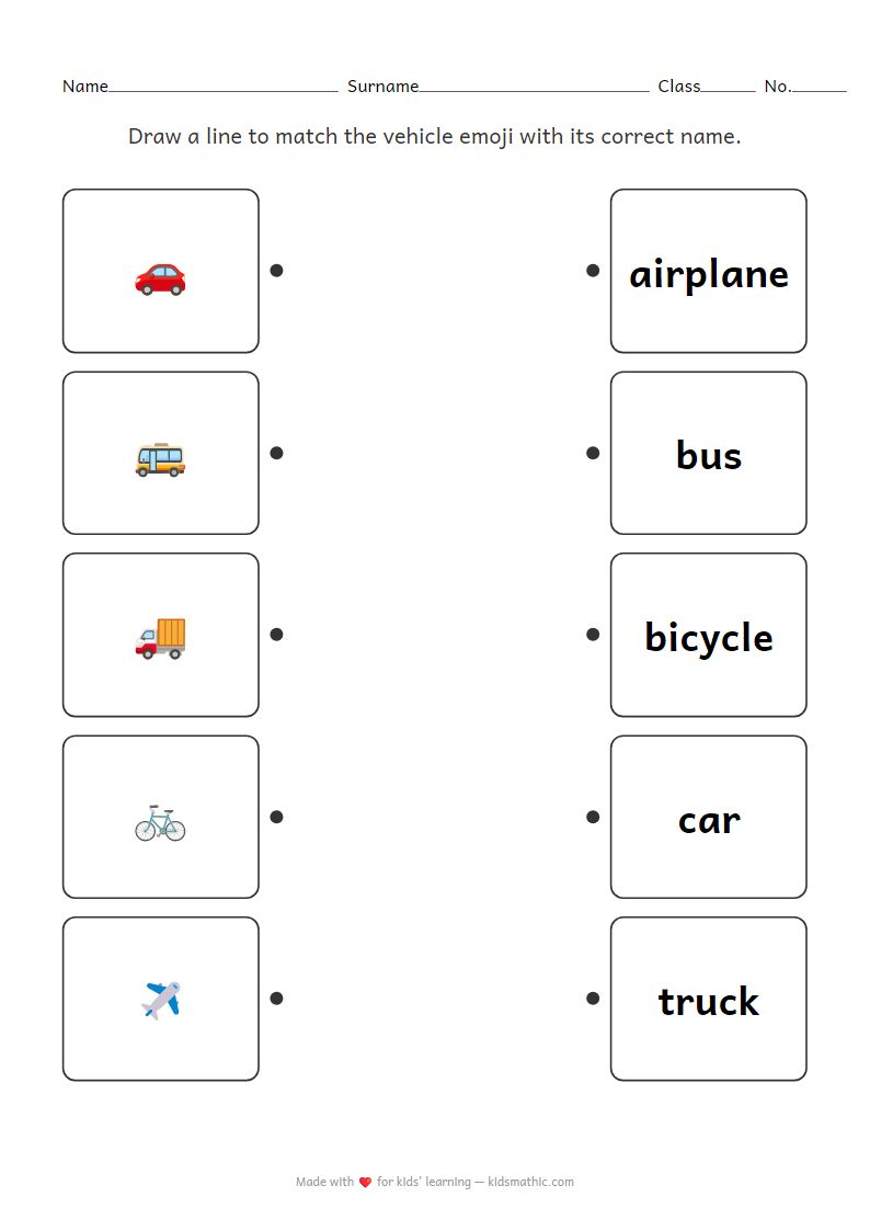 Vehicle Emoji to Name Matching Worksheet for Preschoolers