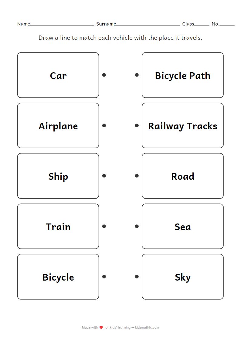 Vehicle and Location Matching Worksheet for Preschoolers