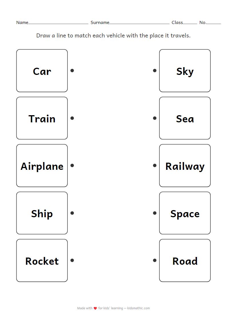 Vehicles and Locations Matching Worksheet for Kindergarten