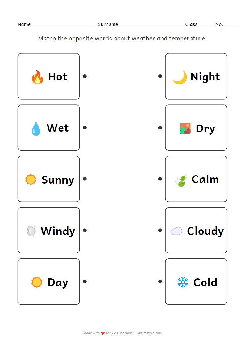 Weather and Temperature Opposites Matching Worksheet for Preschoolers