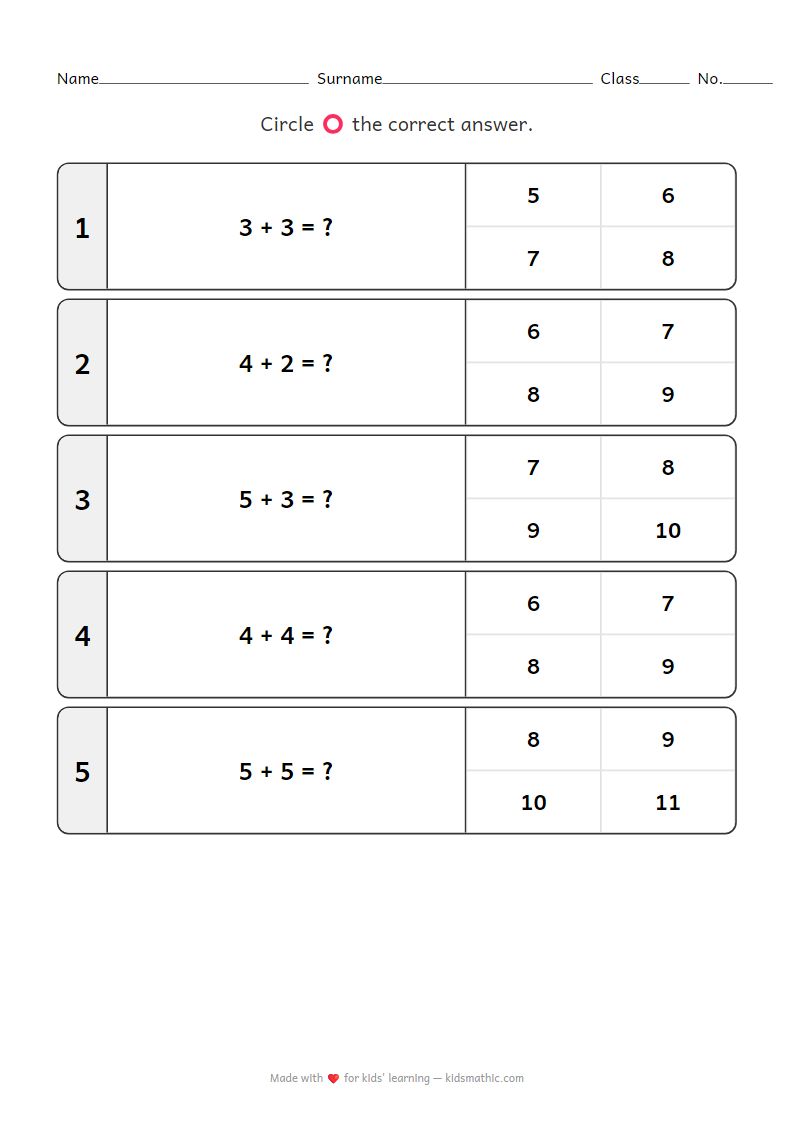 Easy Addition Worksheet Sums 6-10 for Kindergarten