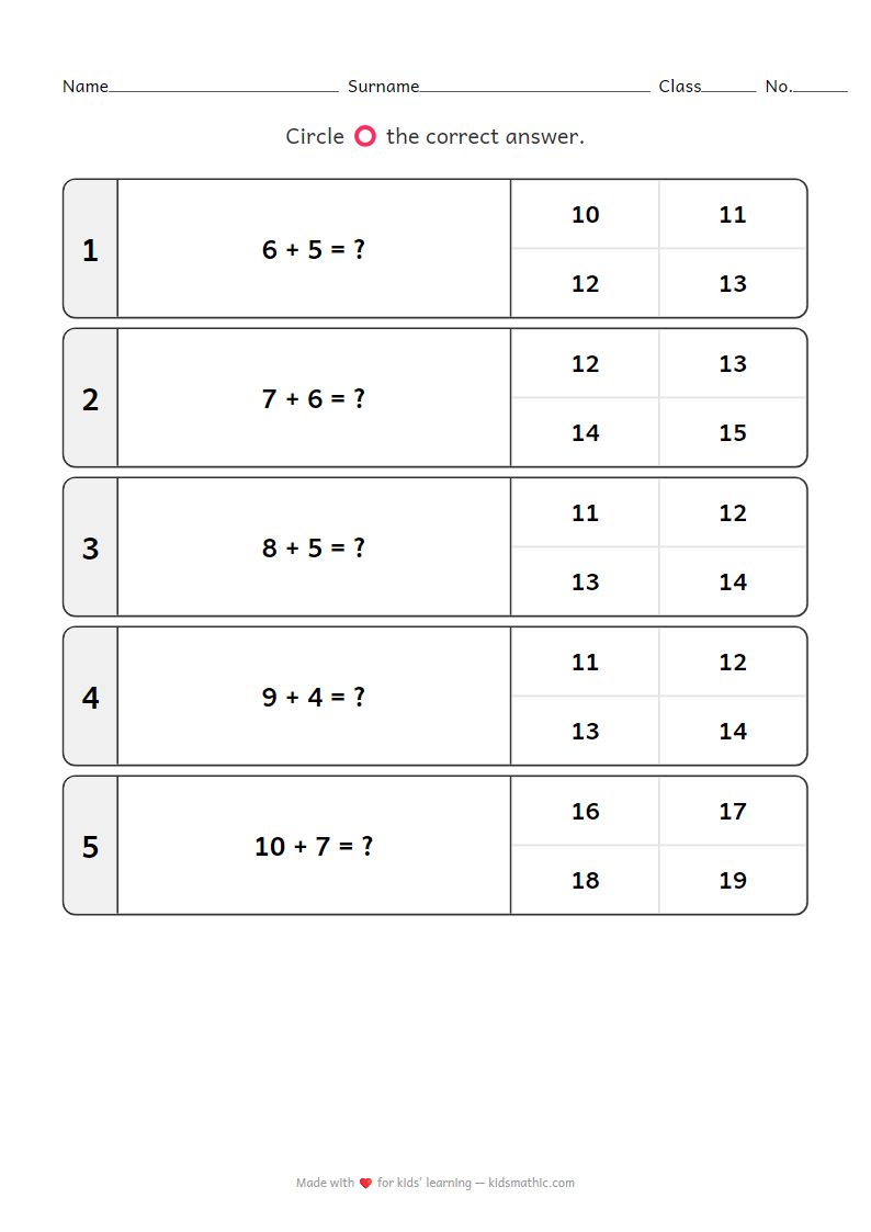 Addition Worksheet 11-20 for Kindergarten