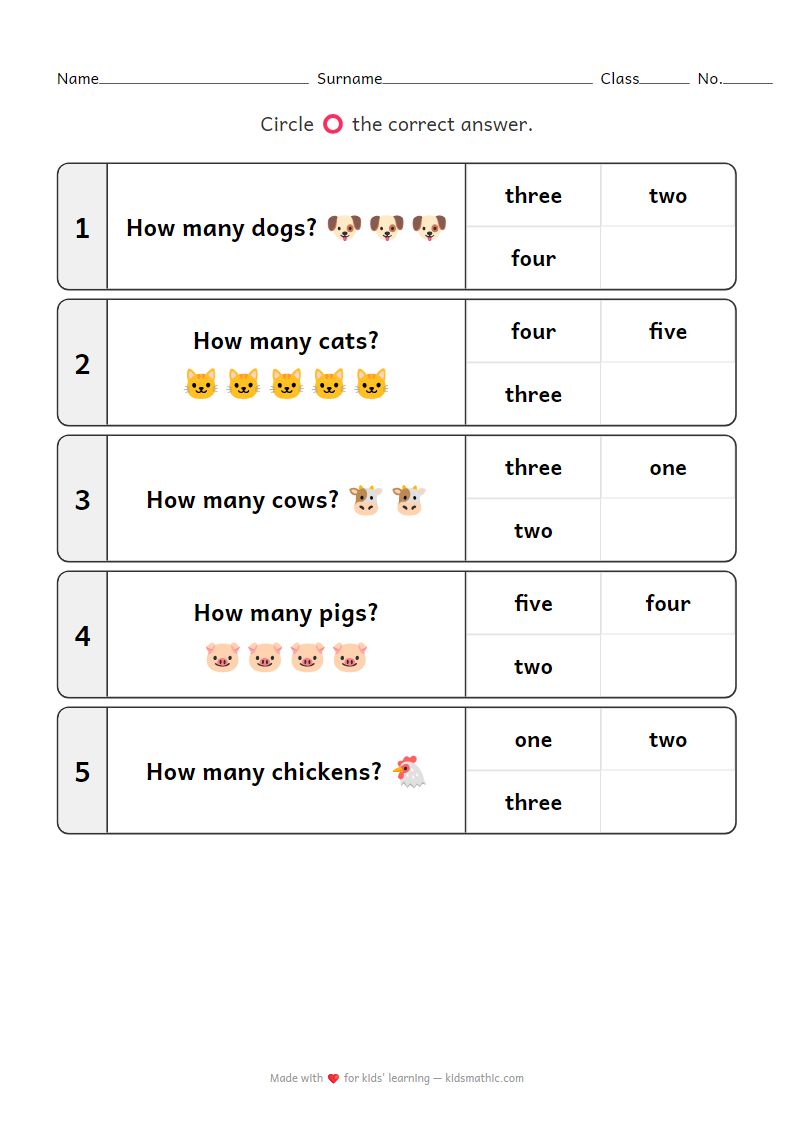 Animal Counting Worksheet 1-5 for Preschoolers: Early Math Practice