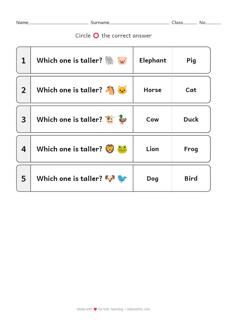 Animal Height Comparison Worksheet for Preschoolers