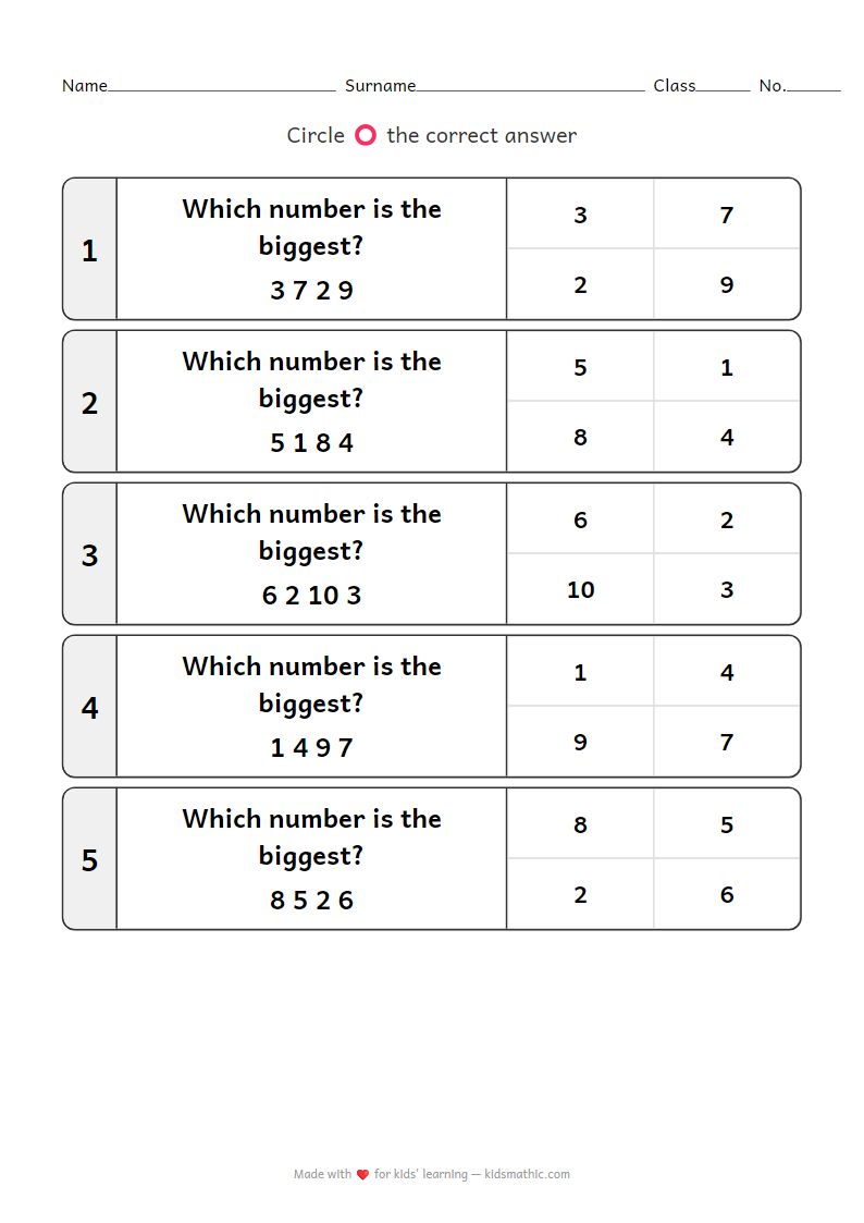 Preschool Math Worksheet: Find the Biggest Number K2