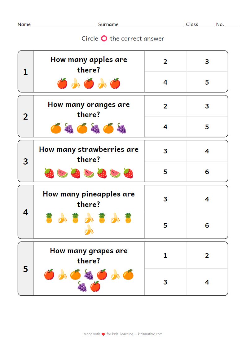Mixed Fruit Counting Worksheet for Preschoolers