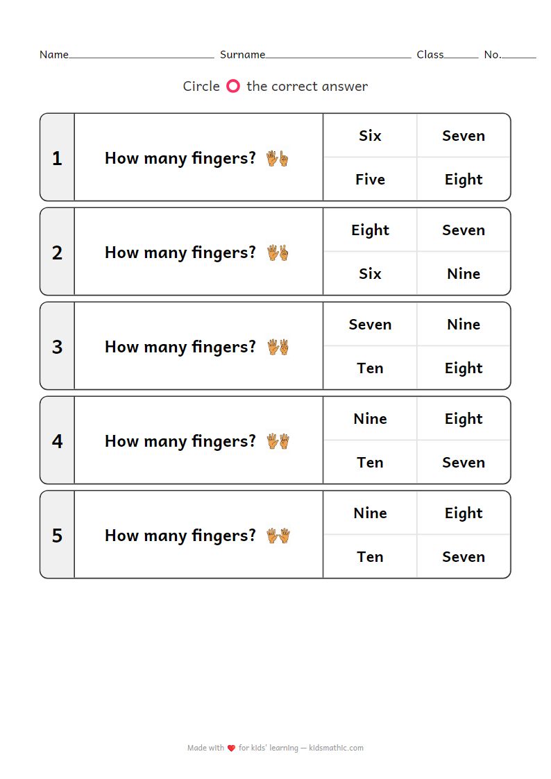 Counting Fingers 6-10 Worksheet for Kindergarten