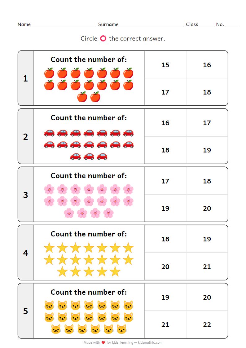 Preschool Math Worksheet: Counting Numbers 16-20 for K3