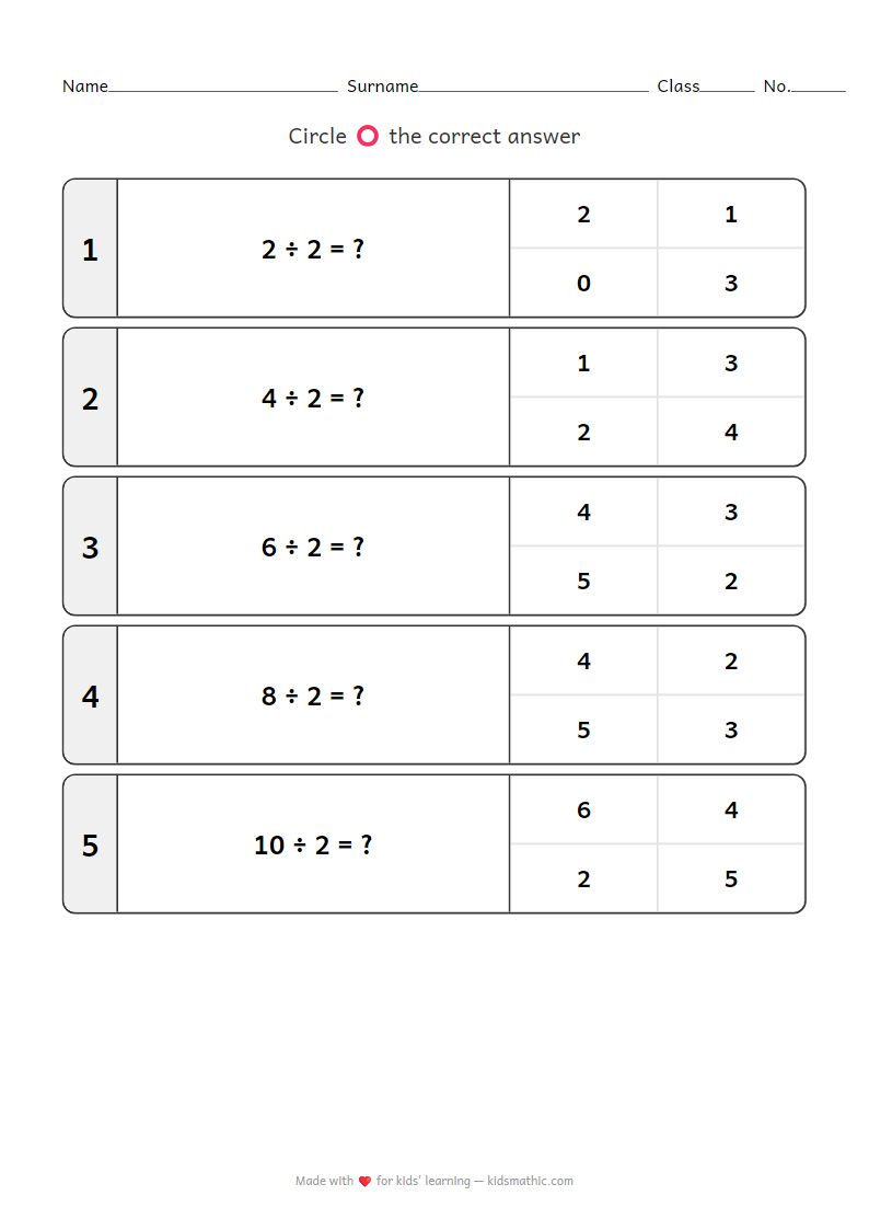 Easy Division Math Worksheet for Kindergarten Kids 5-6 Years Old
