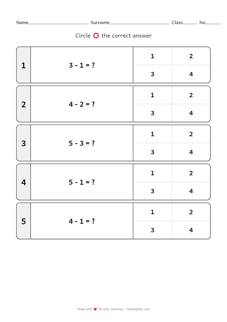 Easy Subtraction Worksheet for Kindergarten 1 | Numbers 1-5