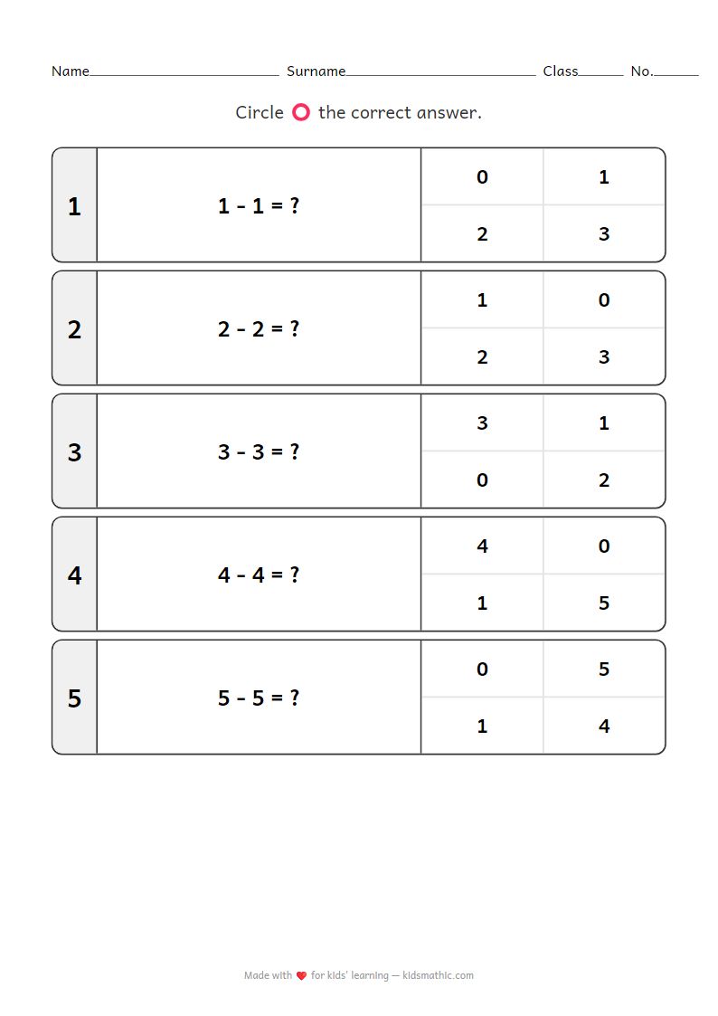 Easy Subtraction Worksheet: Zero Result for Preschoolers