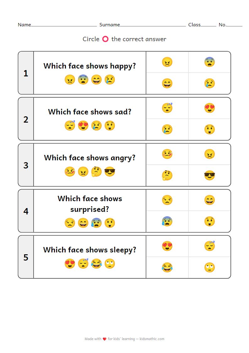 Emotion Recognition Worksheet for Preschoolers