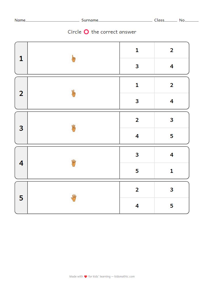 Finger Counting Worksheet 1-5 for Preschoolers