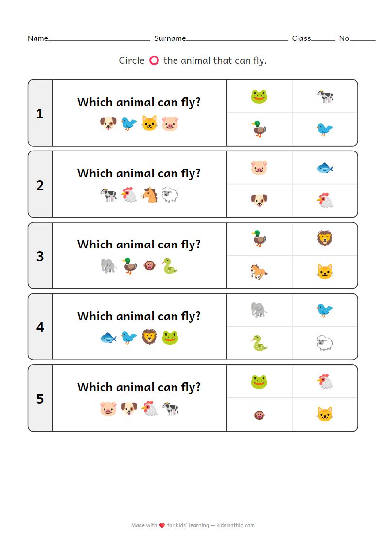 Flying Animal Matching Worksheet for Preschoolers