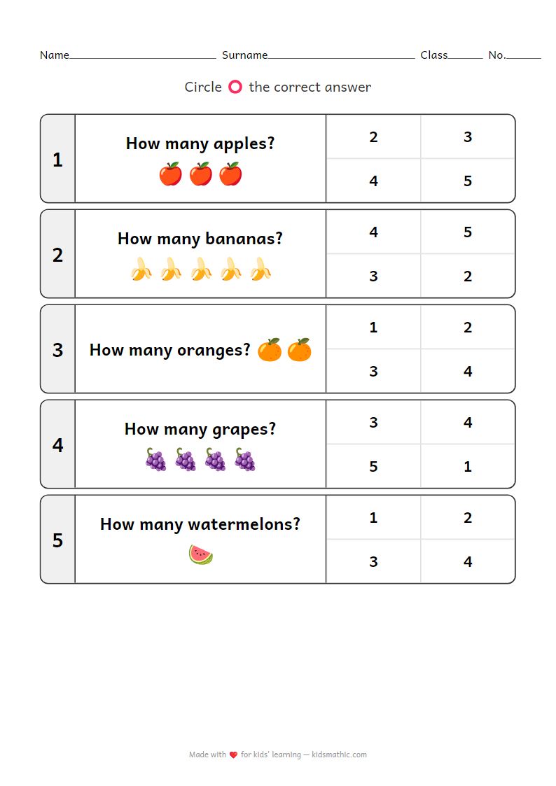 Fruit Counting Worksheet 1-5 for Preschoolers