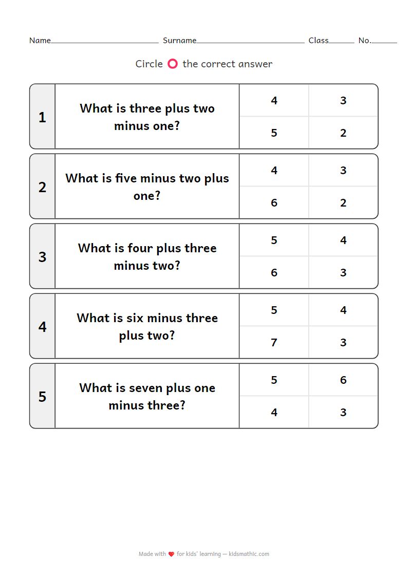Kindergarten Math Worksheet: Addition and Subtraction up to 10