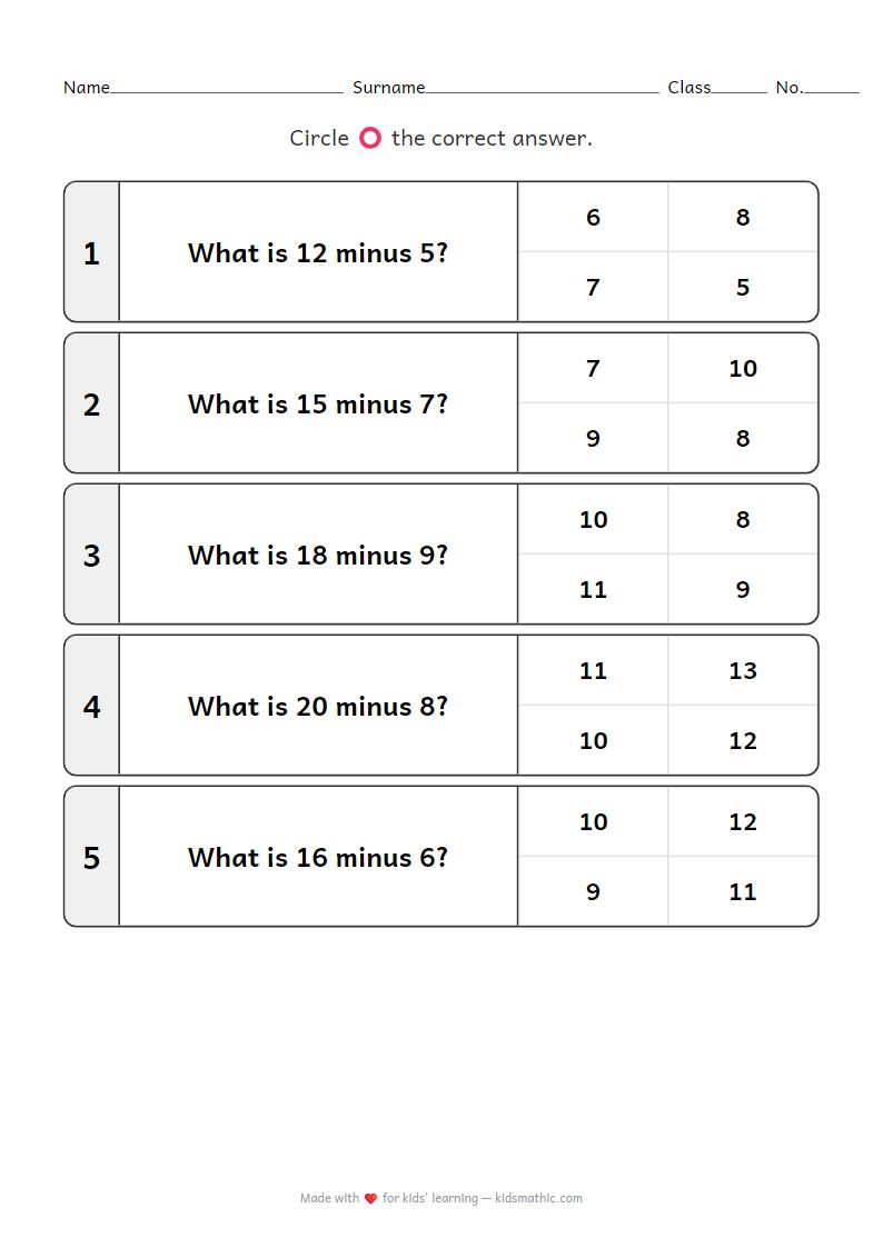 Subtraction Worksheet for Kindergarten 3: Problems 11-20