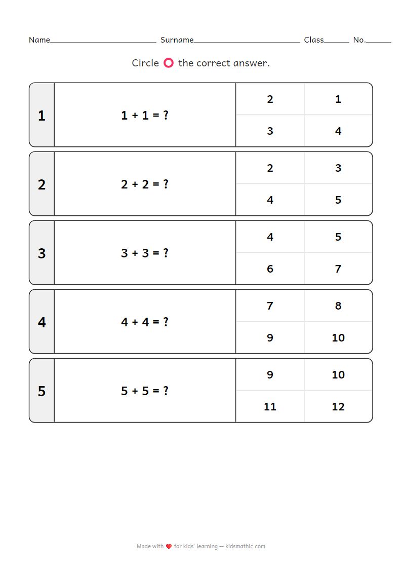 Doubles Addition Worksheet for Kindergarten