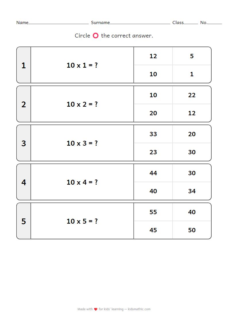 Multiplication by 10 Worksheet for Kindergarten