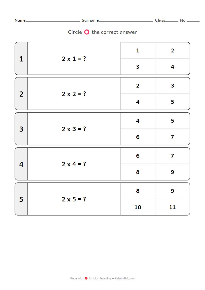 Multiplication Worksheet: Times Table of 2 for K3 Pre-Primary