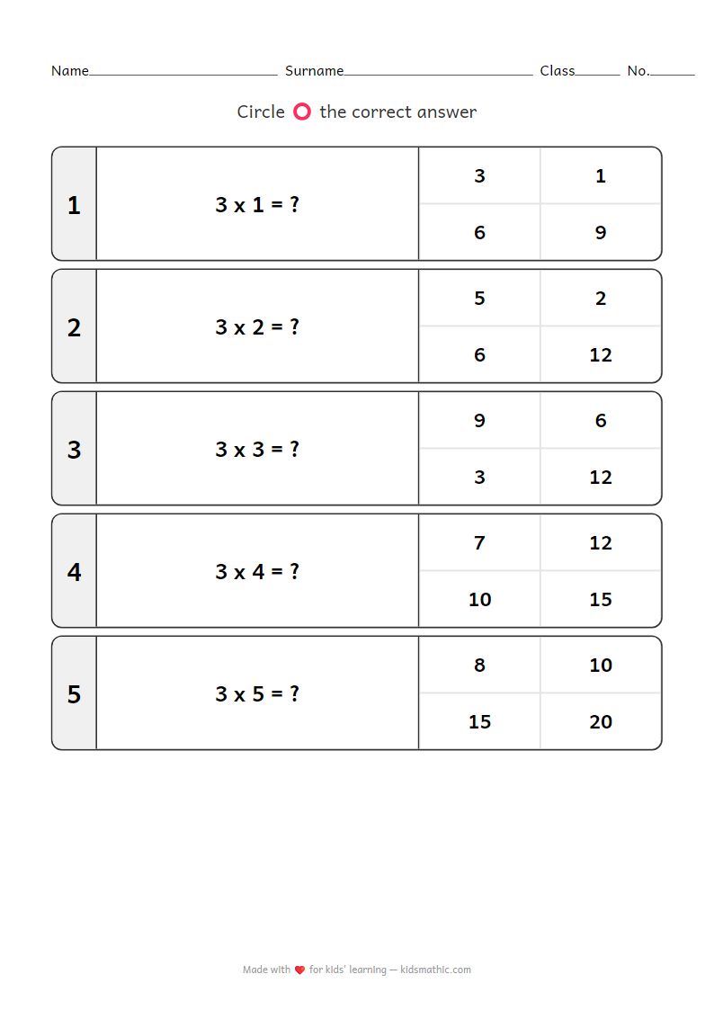 Multiplication Table of 3 Worksheet: Basic Multiplication for Kindergarten