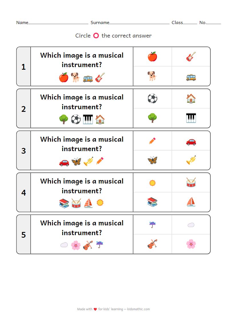 Musical Instrument Matching Worksheet for Kindergarten